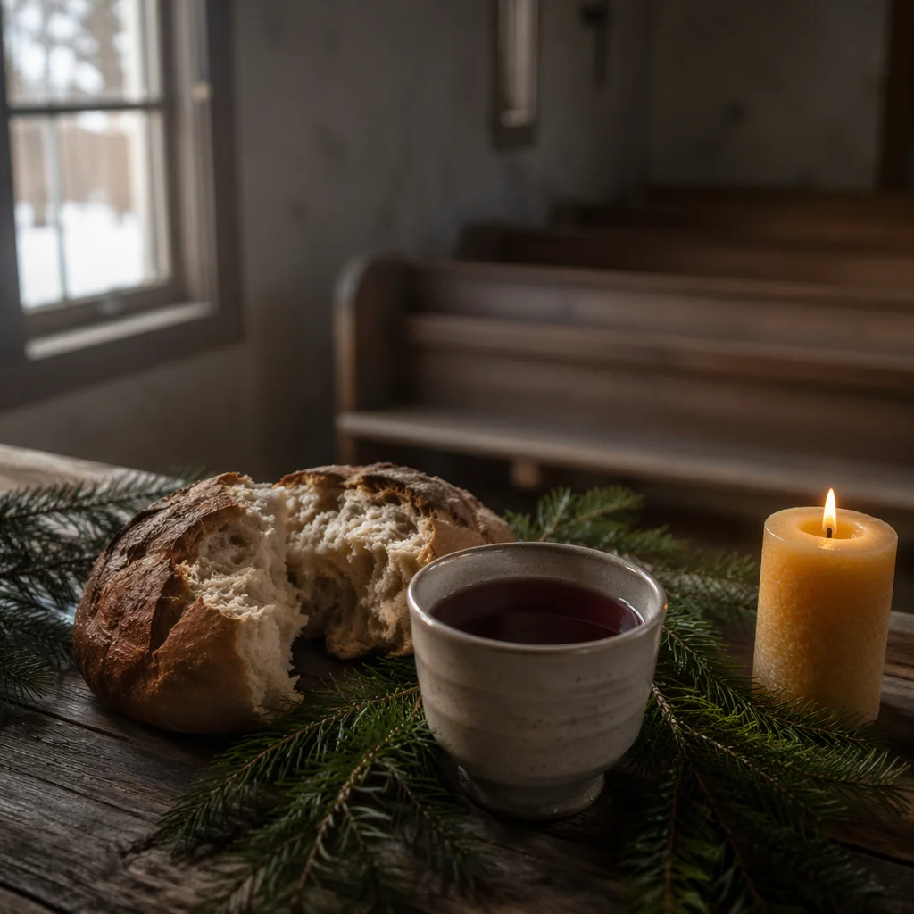 Evergreen Communion Bread and Wine Still Life