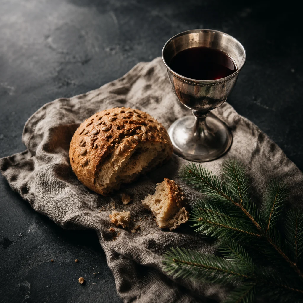 Rustic Communion Bread and Wine Still Life