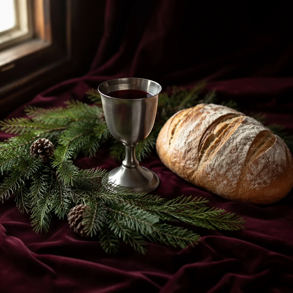 Evergreen Communion Bread and Wine Still Life