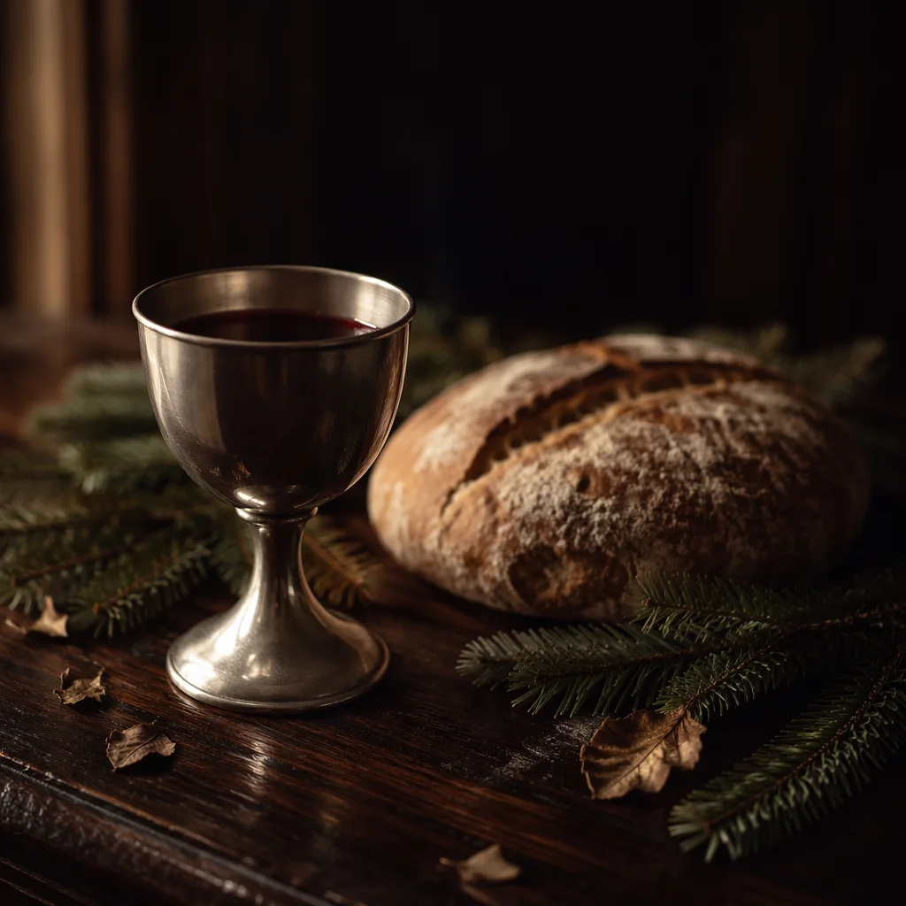 Evergreen Communion Bread and Wine Still Life