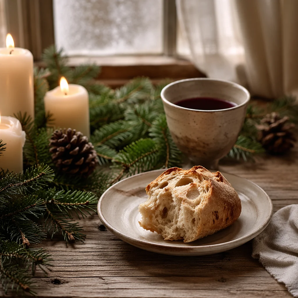 Evergreen Communion Bread and Wine Still Life