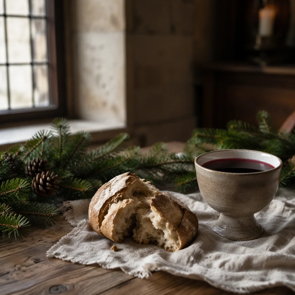 Evergreen Communion Bread and Wine Still Life