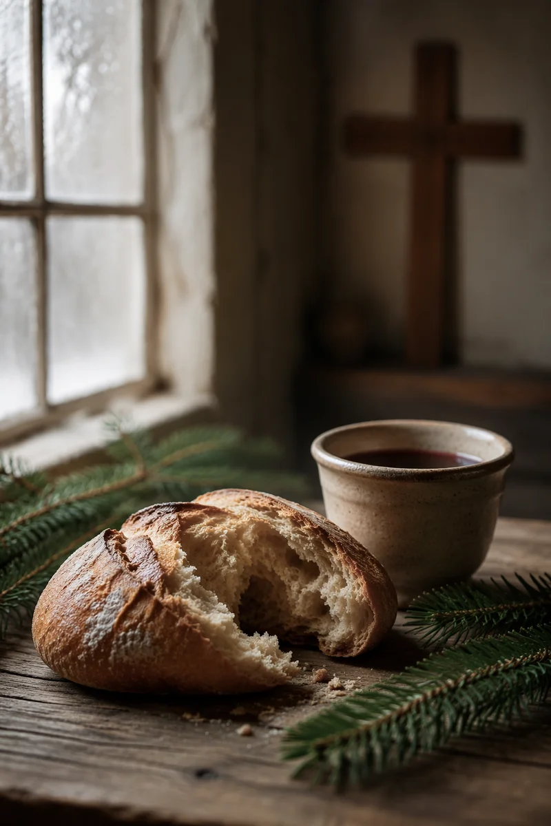 Evergreen Communion Bread and Wine Still Life