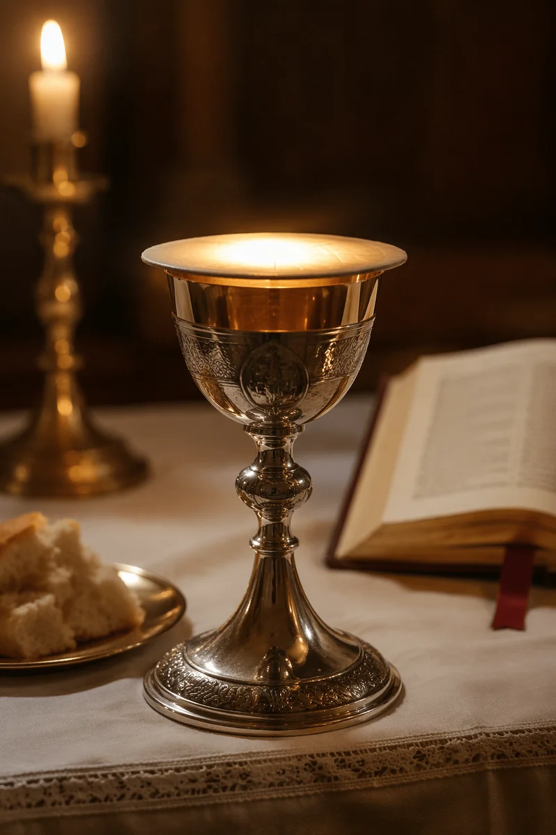 Reverent Communion Chalice with Bread and Wine