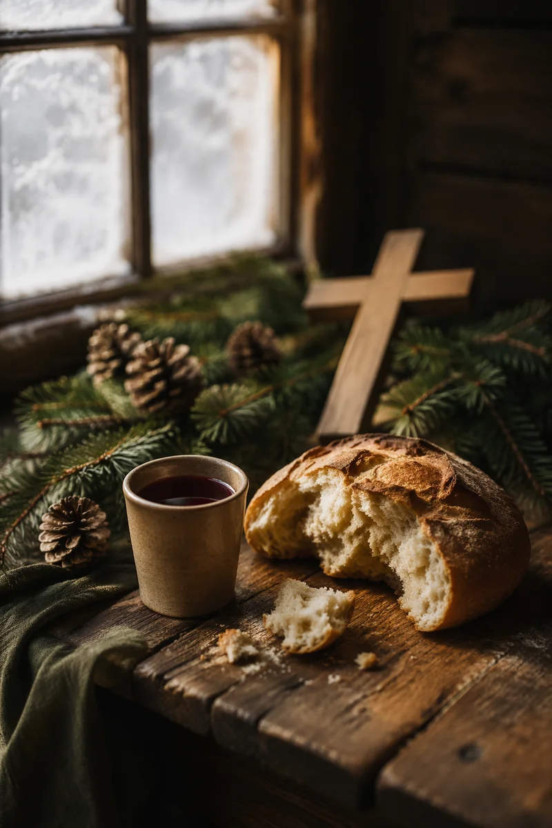 Evergreen Communion Bread and Wine Still Life