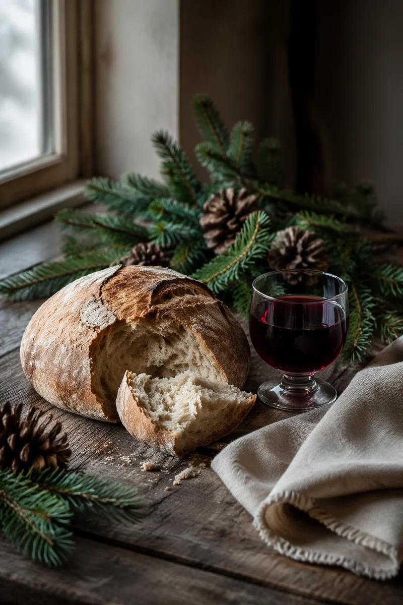 Evergreen Communion Bread and Wine Still Life