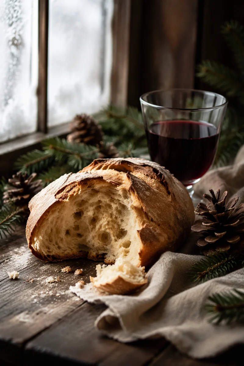 Evergreen Communion Bread and Wine Still Life