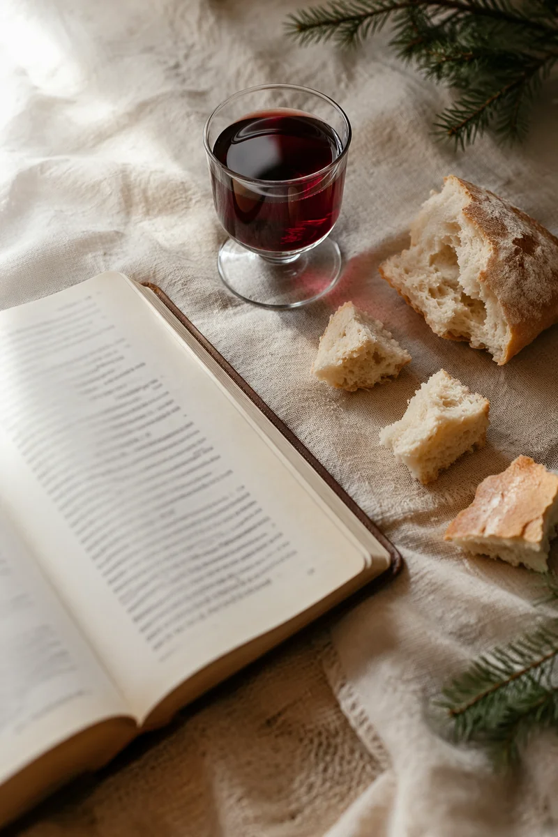 Evergreen Communion Bread and Wine Still Life