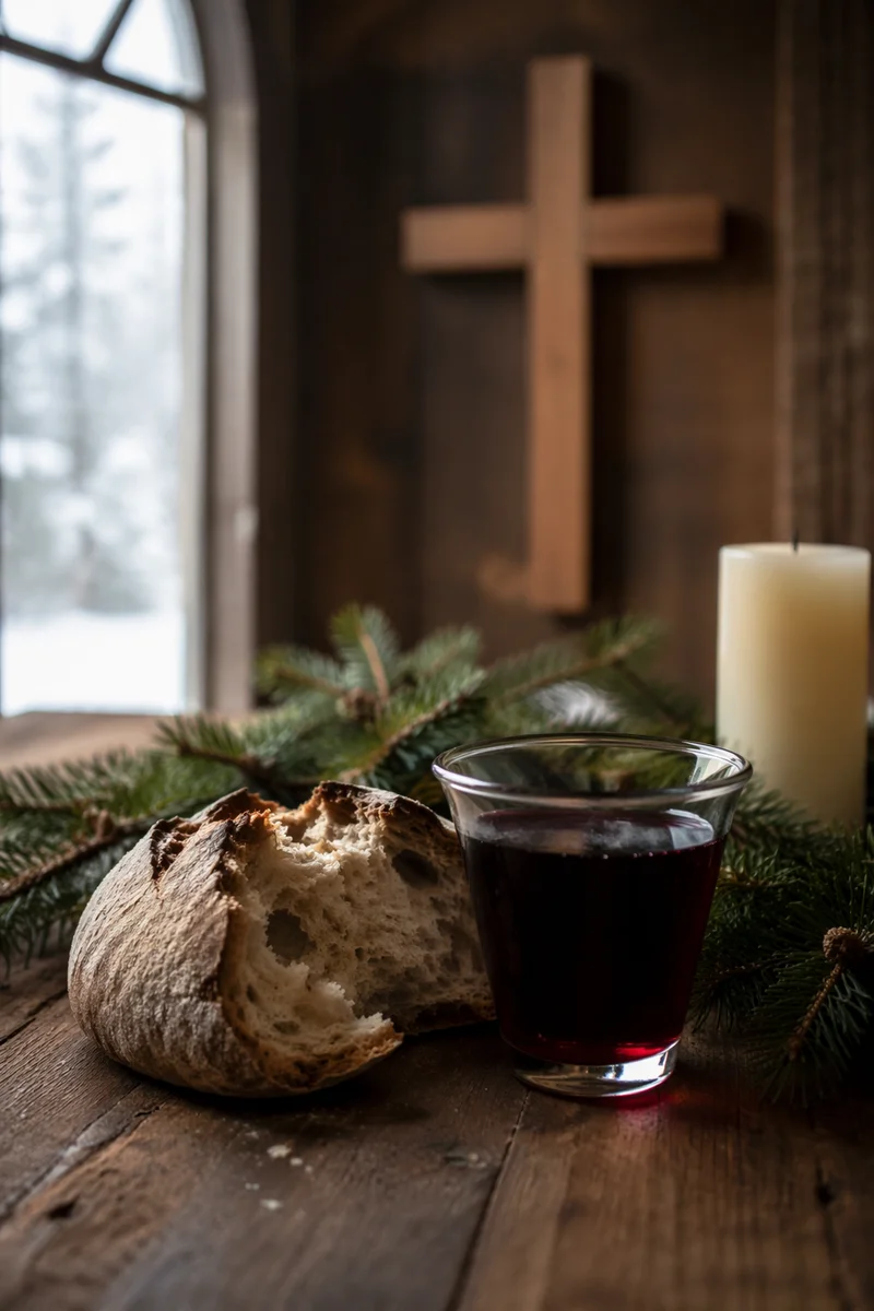 Evergreen Communion Bread and Wine Still Life