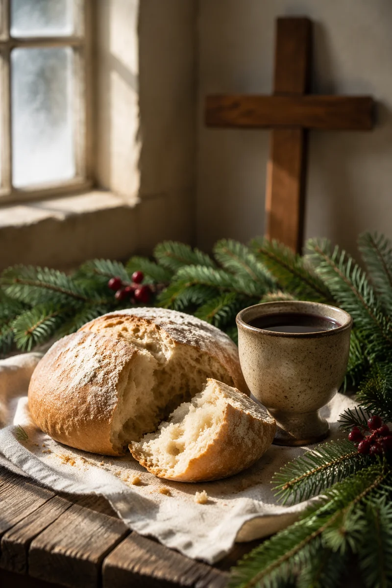 Evergreen Communion Bread and Wine Still Life
