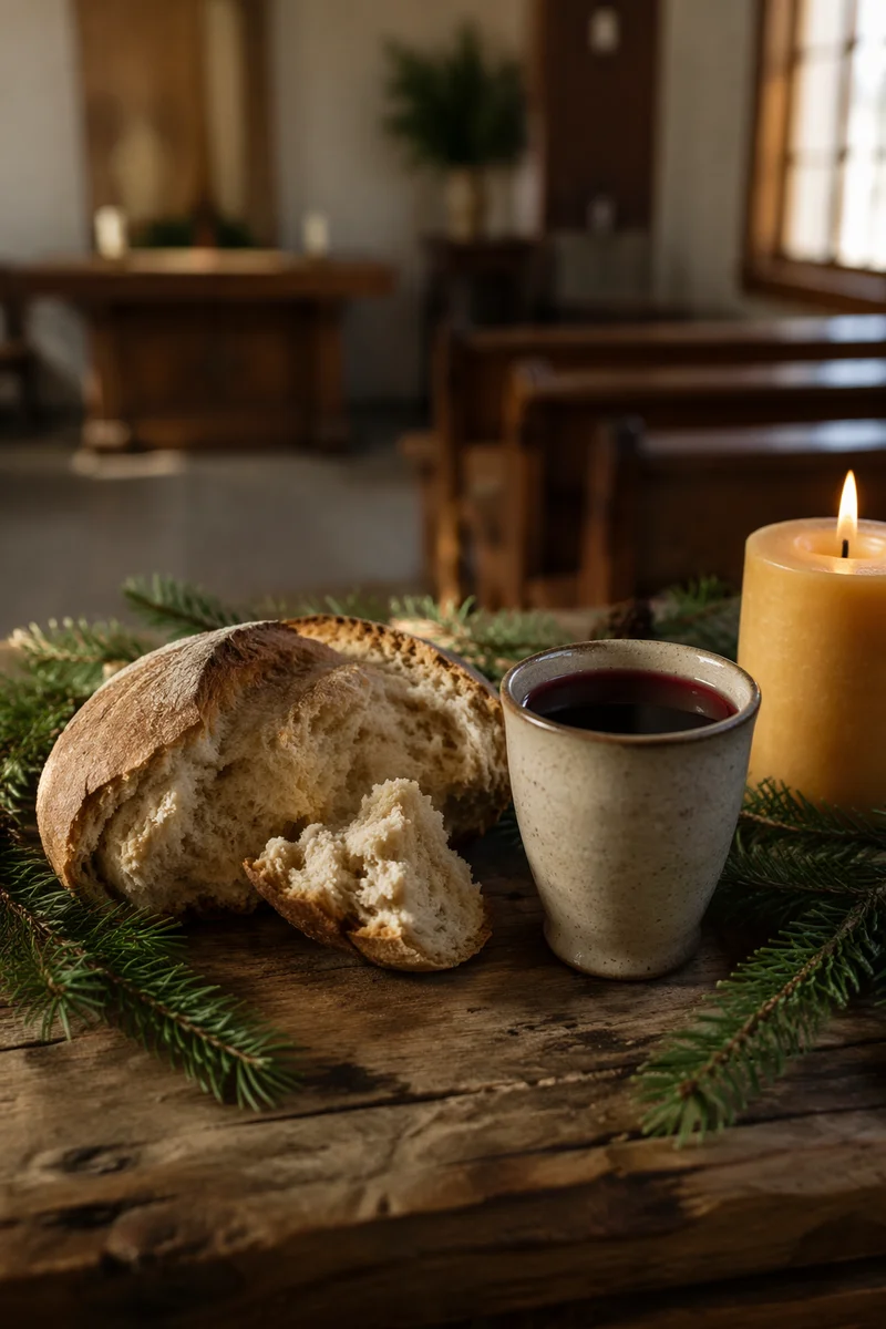 Evergreen Communion Bread and Wine Still Life
