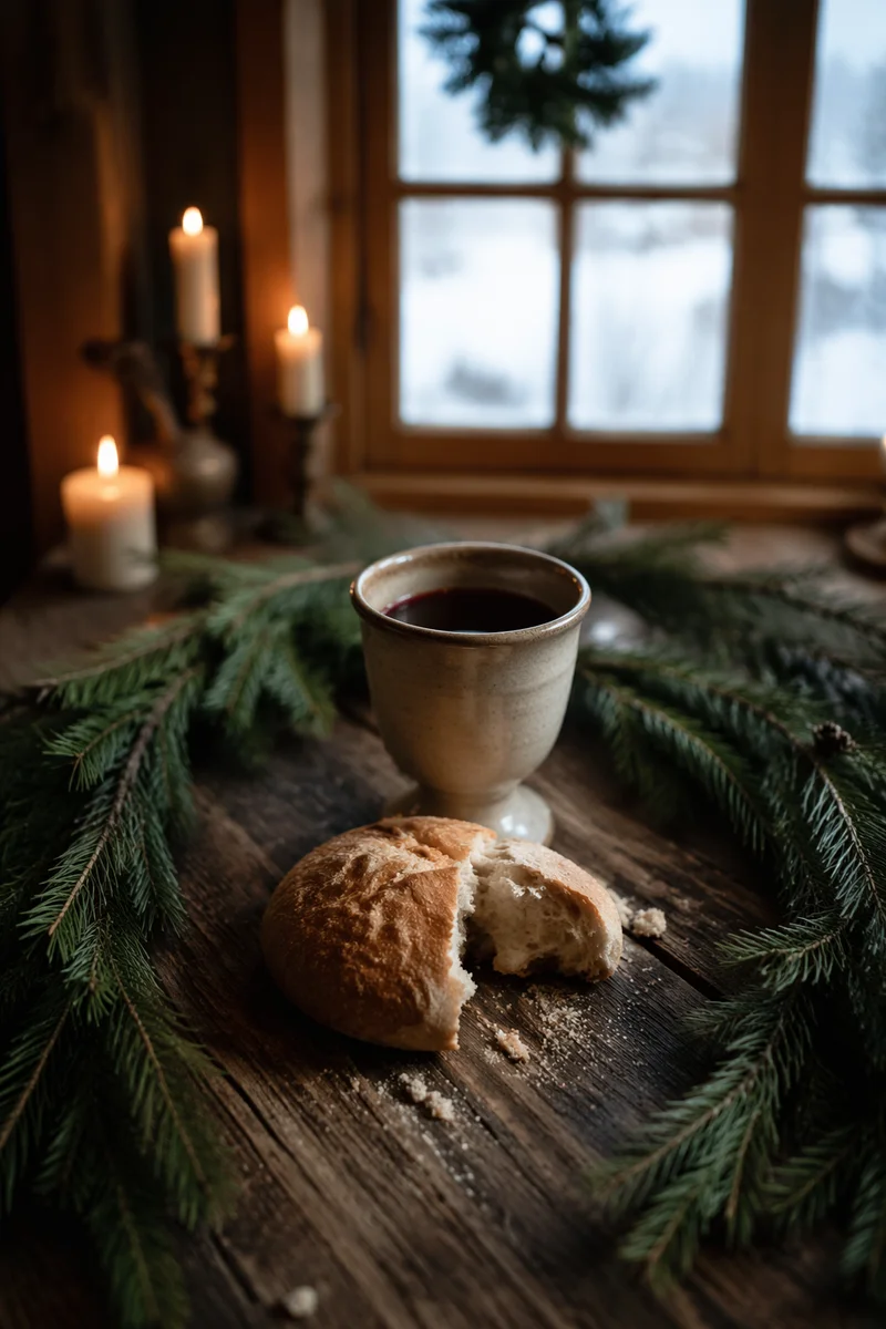 Evergreen Communion Bread and Wine Still Life