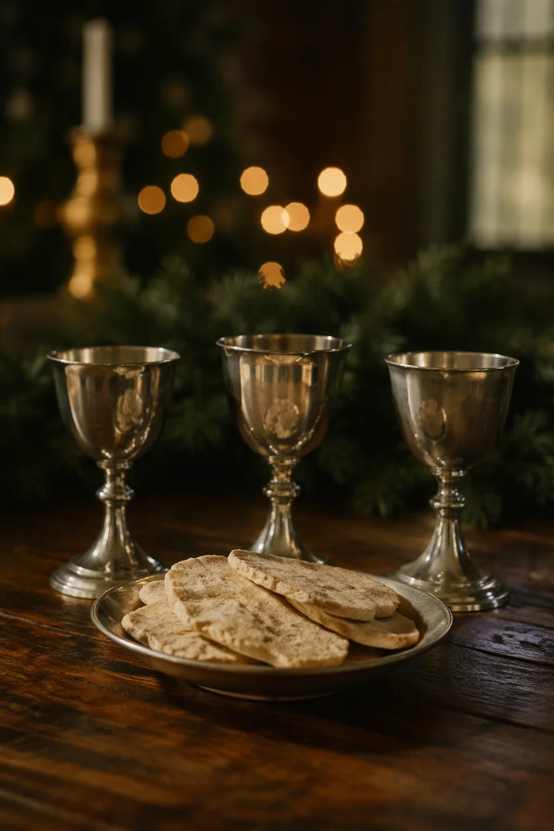 Evergreen Communion Bread and Silver Chalices