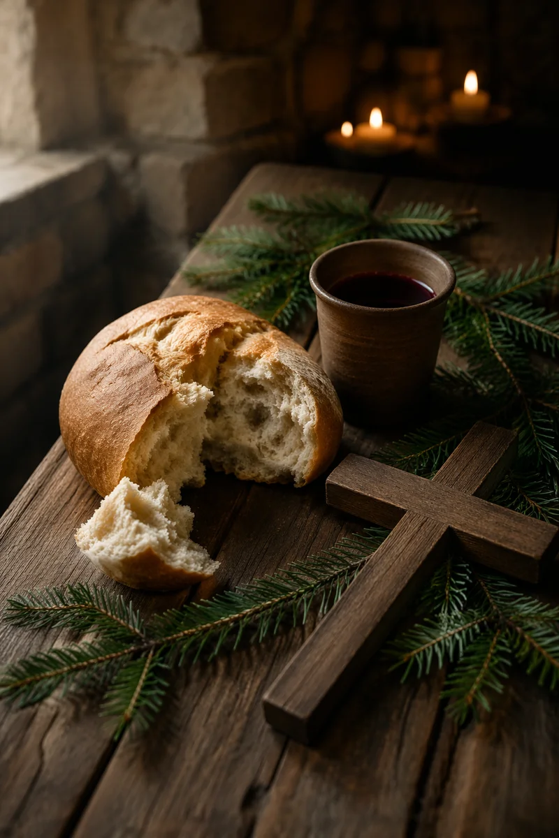 Evergreen Communion Bread and Wine Still Life