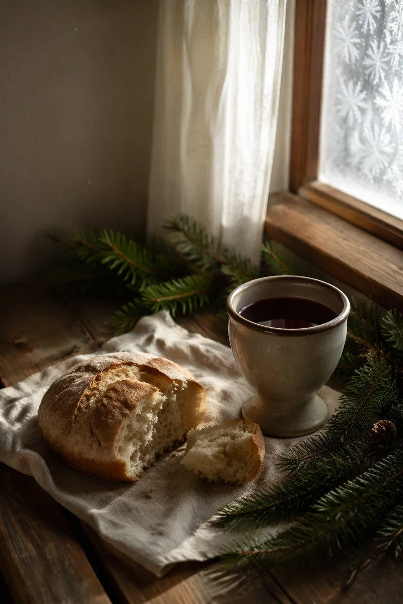 Evergreen Communion Bread and Wine Still Life