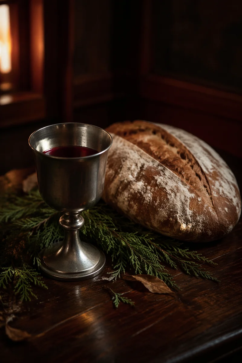 Evergreen Communion Bread and Wine Still Life