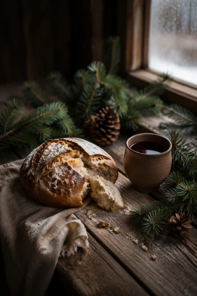 Evergreen Communion Bread and Wine Still Life