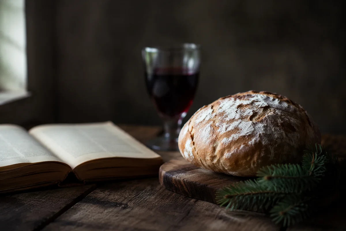 Evergreen Communion Bread and Wine Still Life