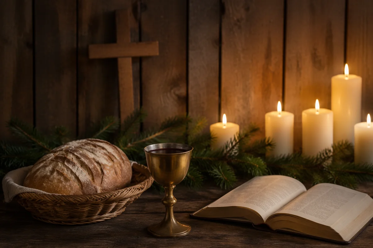 Evergreen Communion Bread and Wine Still Life