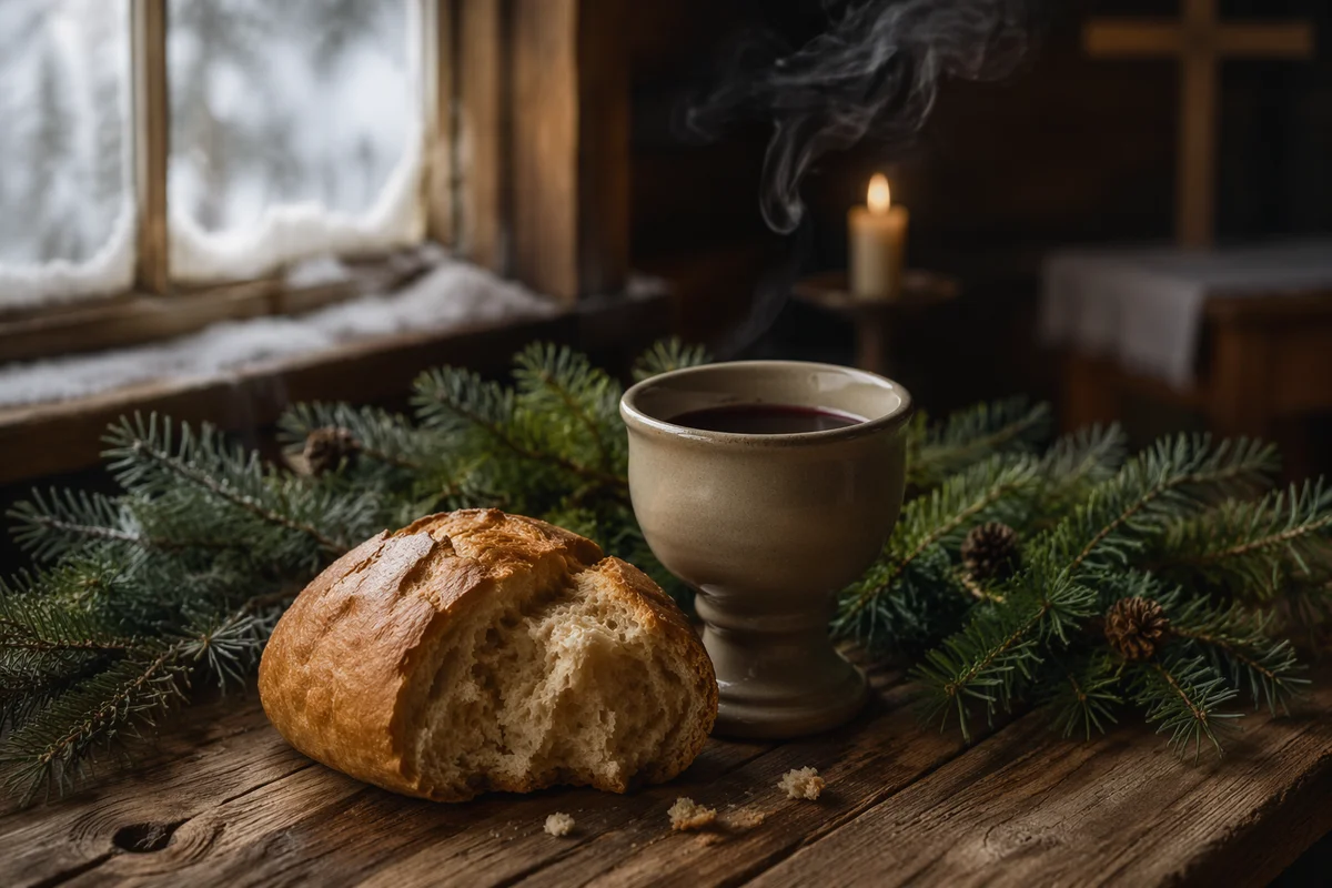 Evergreen Communion Bread and Wine Still Life