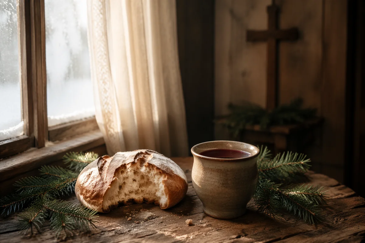 Evergreen Communion Bread and Wine Still Life
