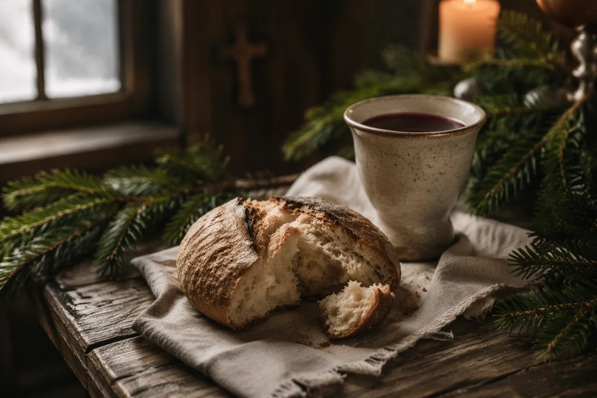Evergreen Communion Bread and Wine Still Life