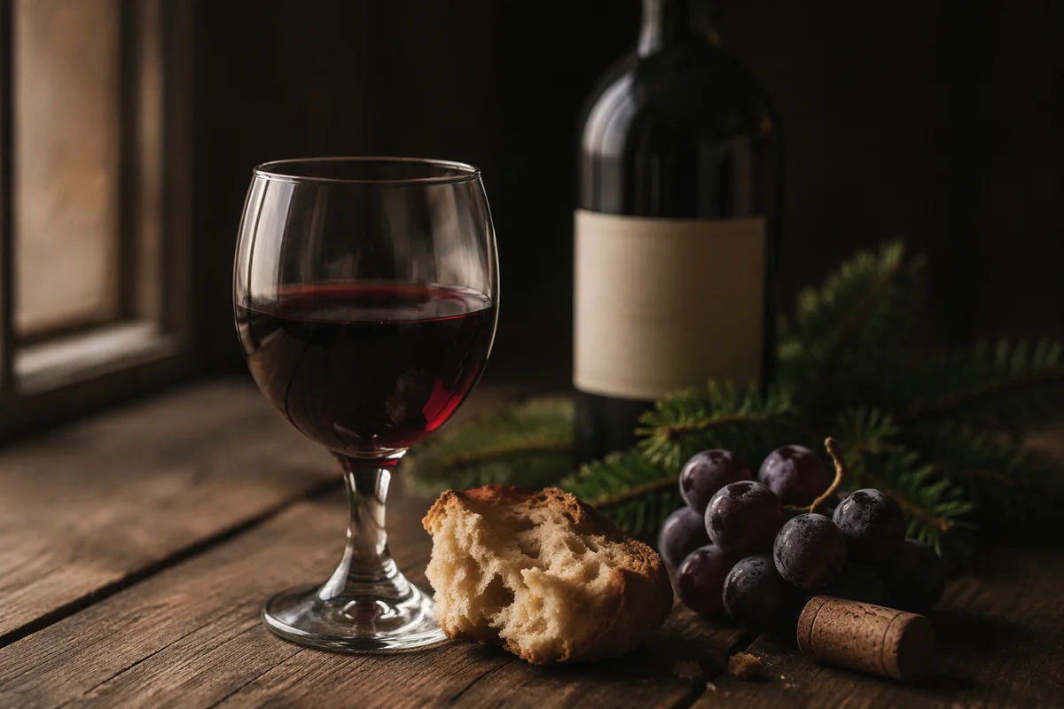 Rustic Communion Bread Wine and Evergreen