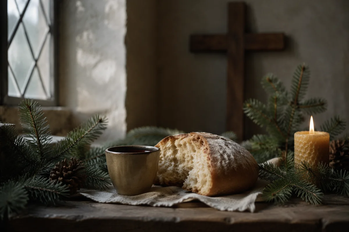 Evergreen Communion Bread and Wine Still Life