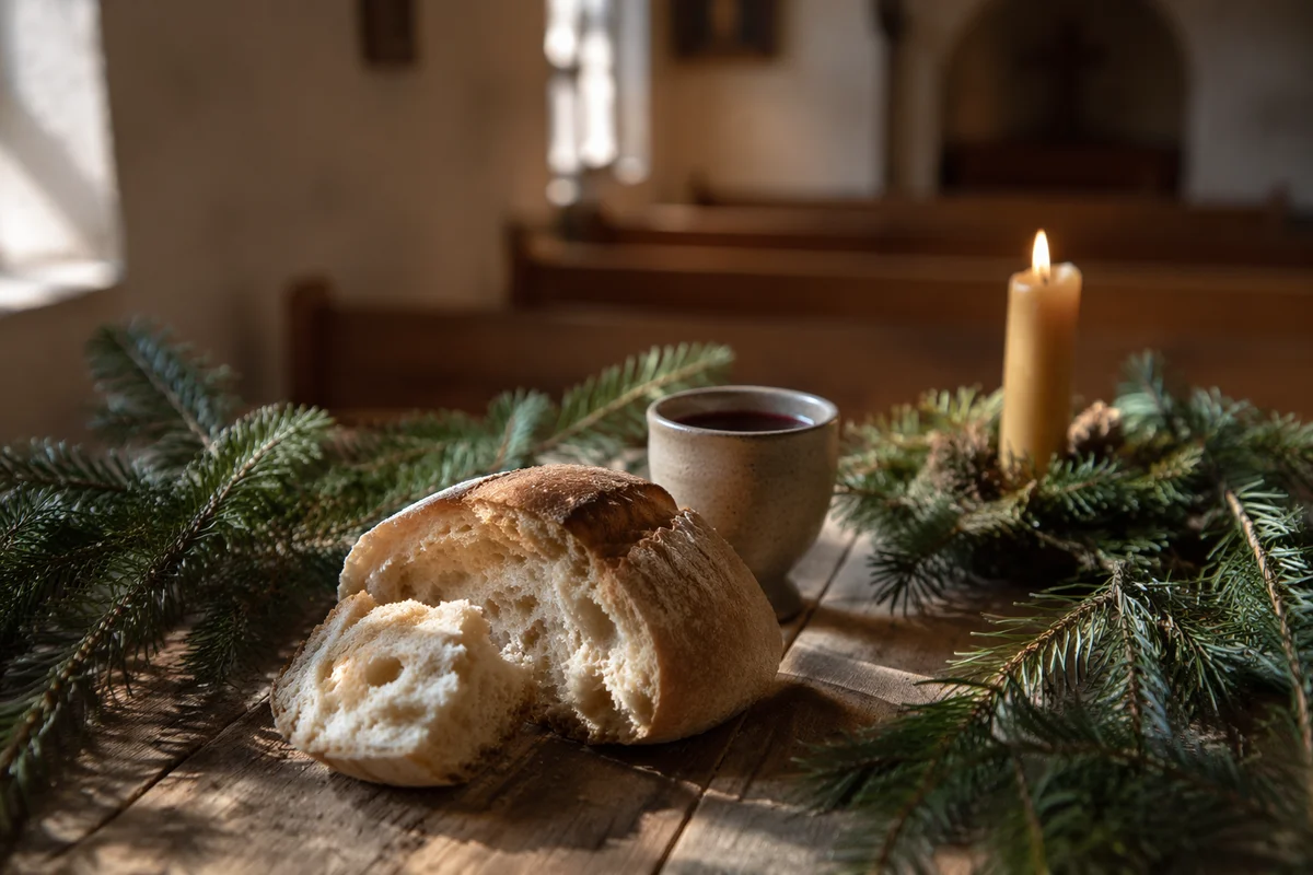 Evergreen Communion Bread and Wine Still Life