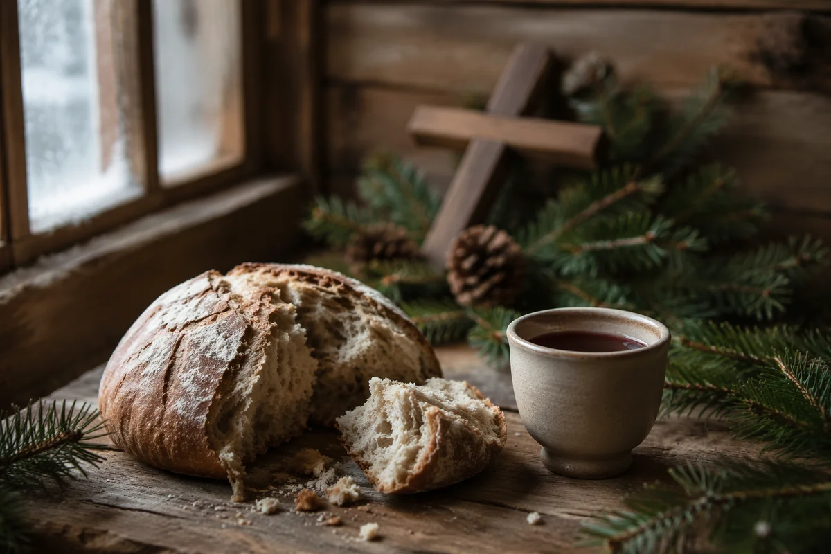 Evergreen Communion Bread and Wine Still Life