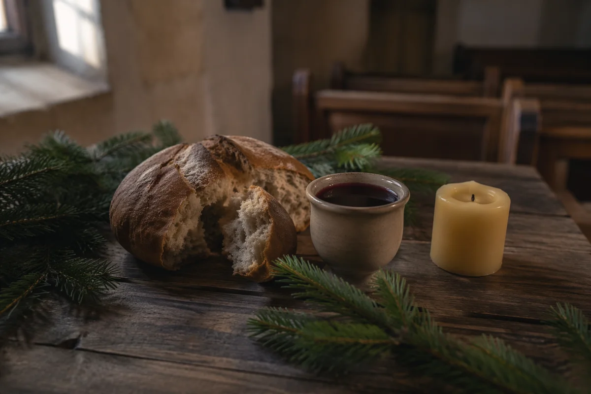 Evergreen Communion Bread and Wine Still Life