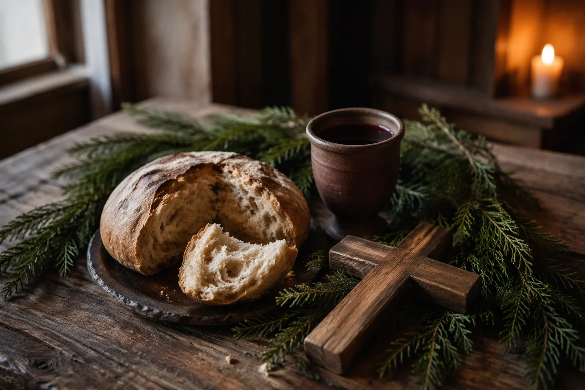 Evergreen Communion Bread and Wine Still Life