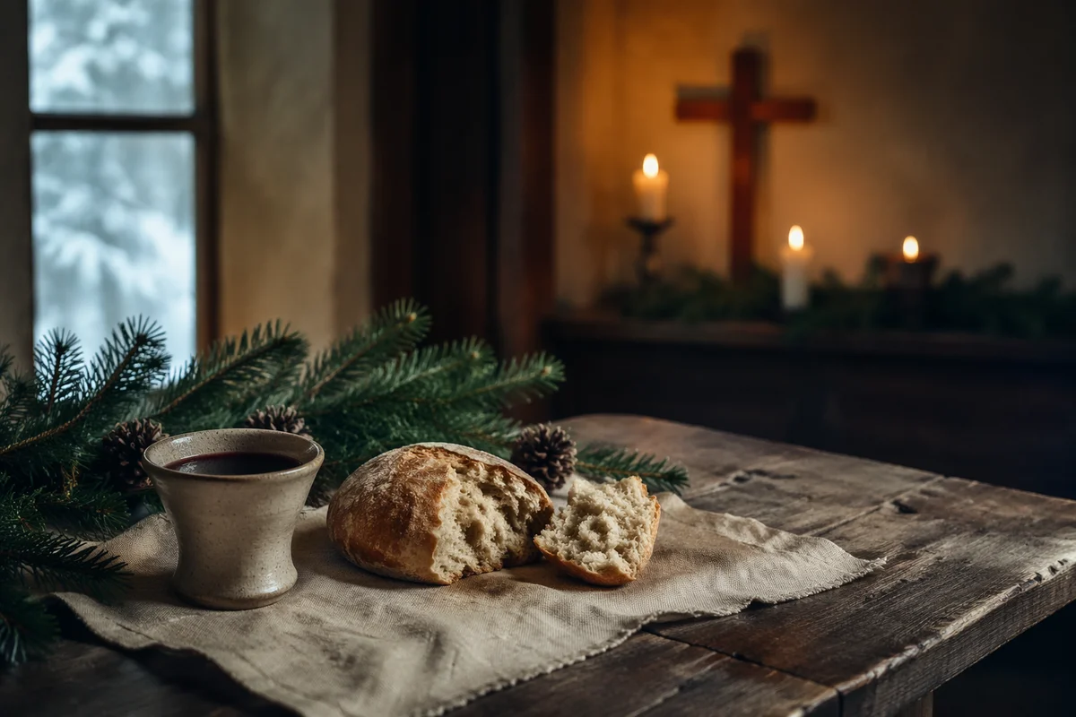 Rustic Communion Bread and Wine with Evergreen