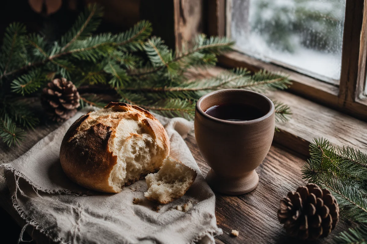 Evergreen Communion Bread and Wine Still Life
