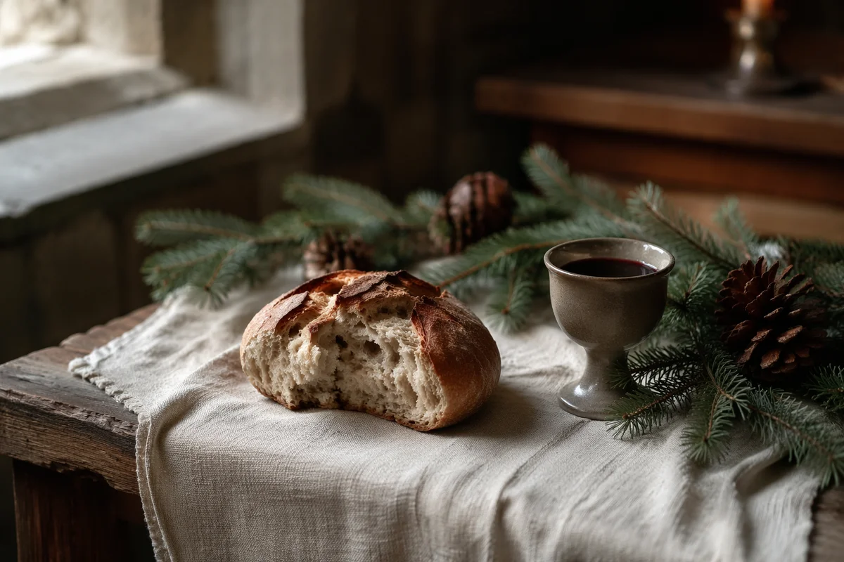 Evergreen Communion Bread and Wine Still Life