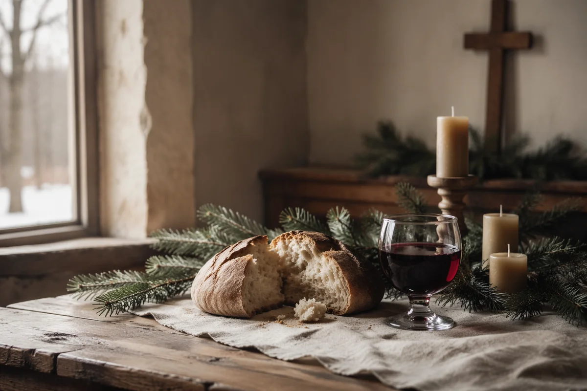 Evergreen Communion Bread and Wine Still Life