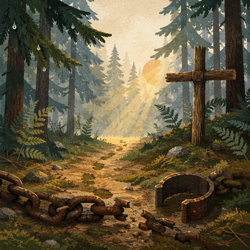 Broken Chains Beneath Evergreen Cross