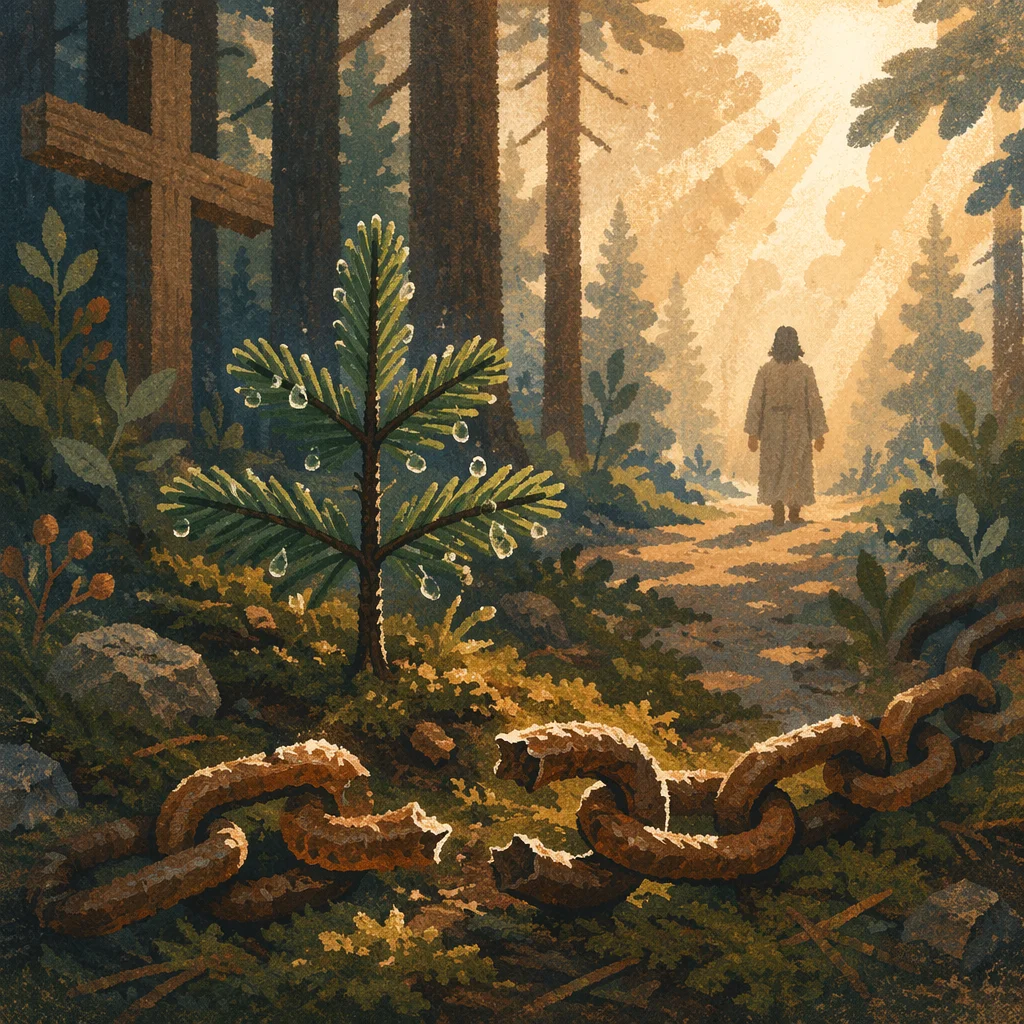 Broken Chains Beside Evergreen Cross