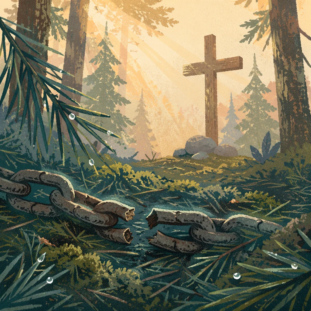 Broken Chains Beneath Evergreen Cross