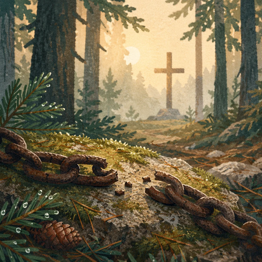 Broken Chains Beside Evergreen Forest Cross