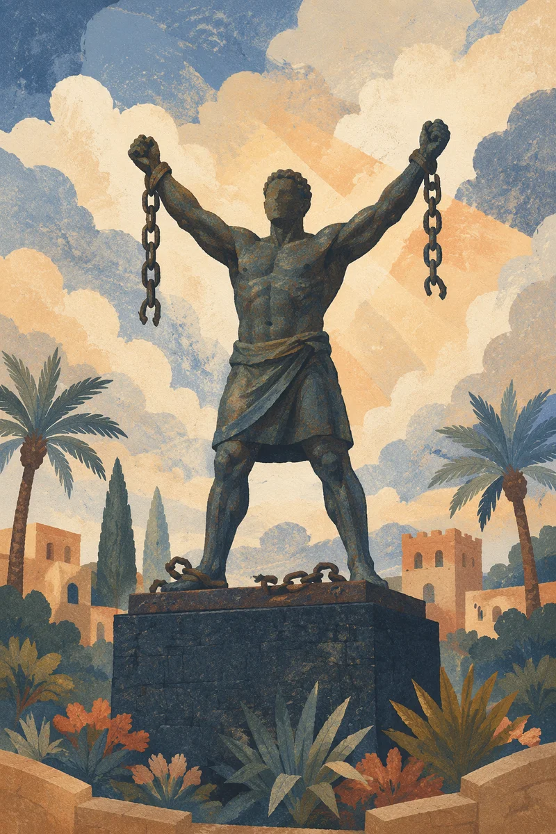 Broken Chains Freedom Monument with Evergreens