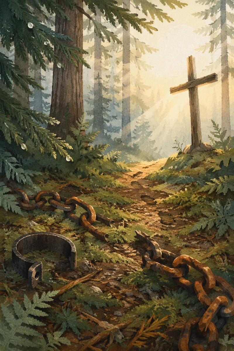 Broken Chains Beside Evergreen Cross