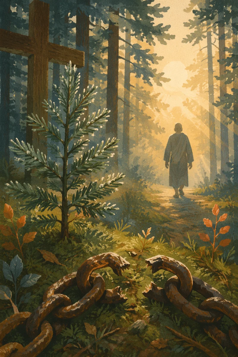 Broken Chains Beside Evergreen Cross