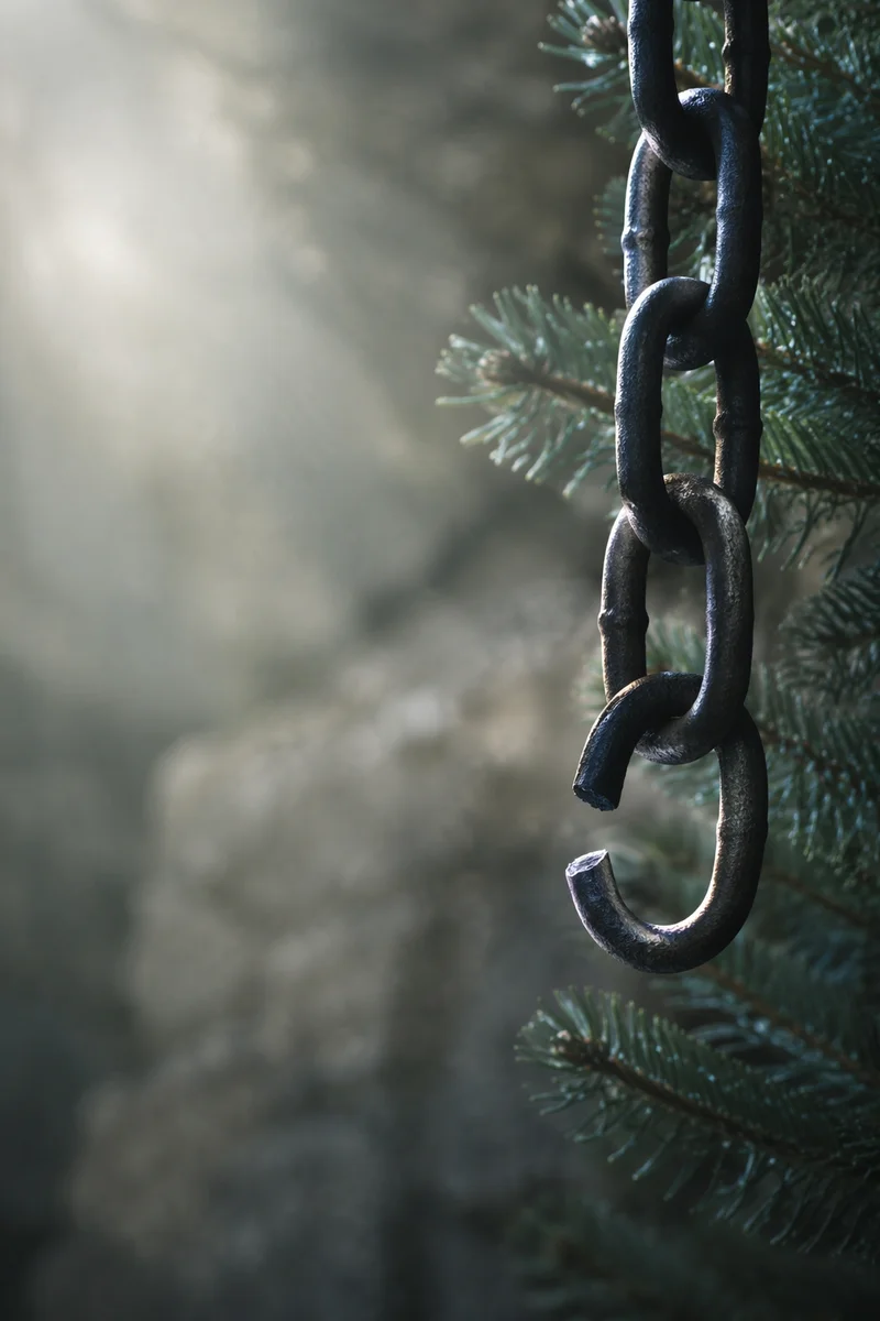 Broken Iron Chain Beside Evergreen Pine