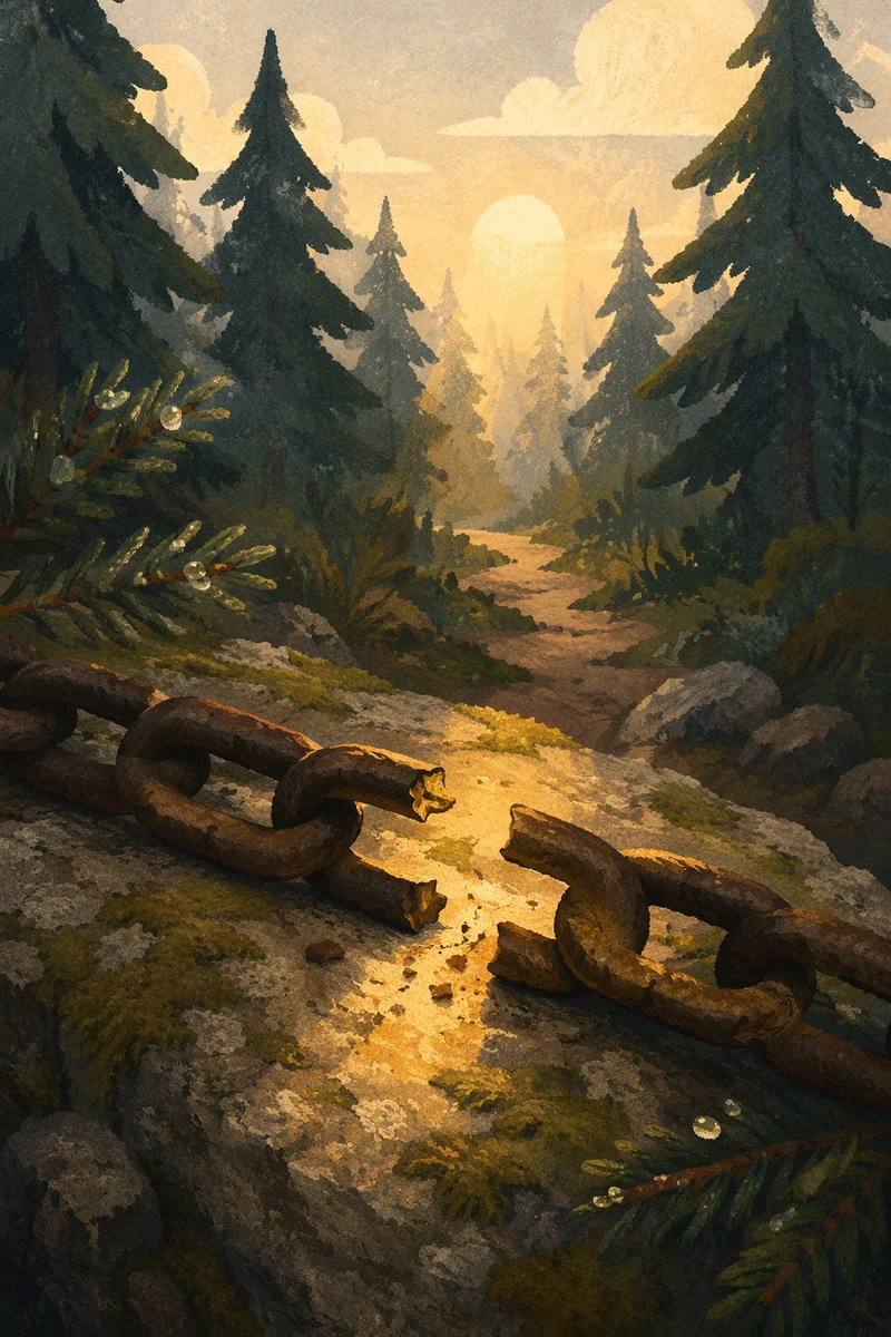 Broken Chains at Dawn in Evergreen Forest
