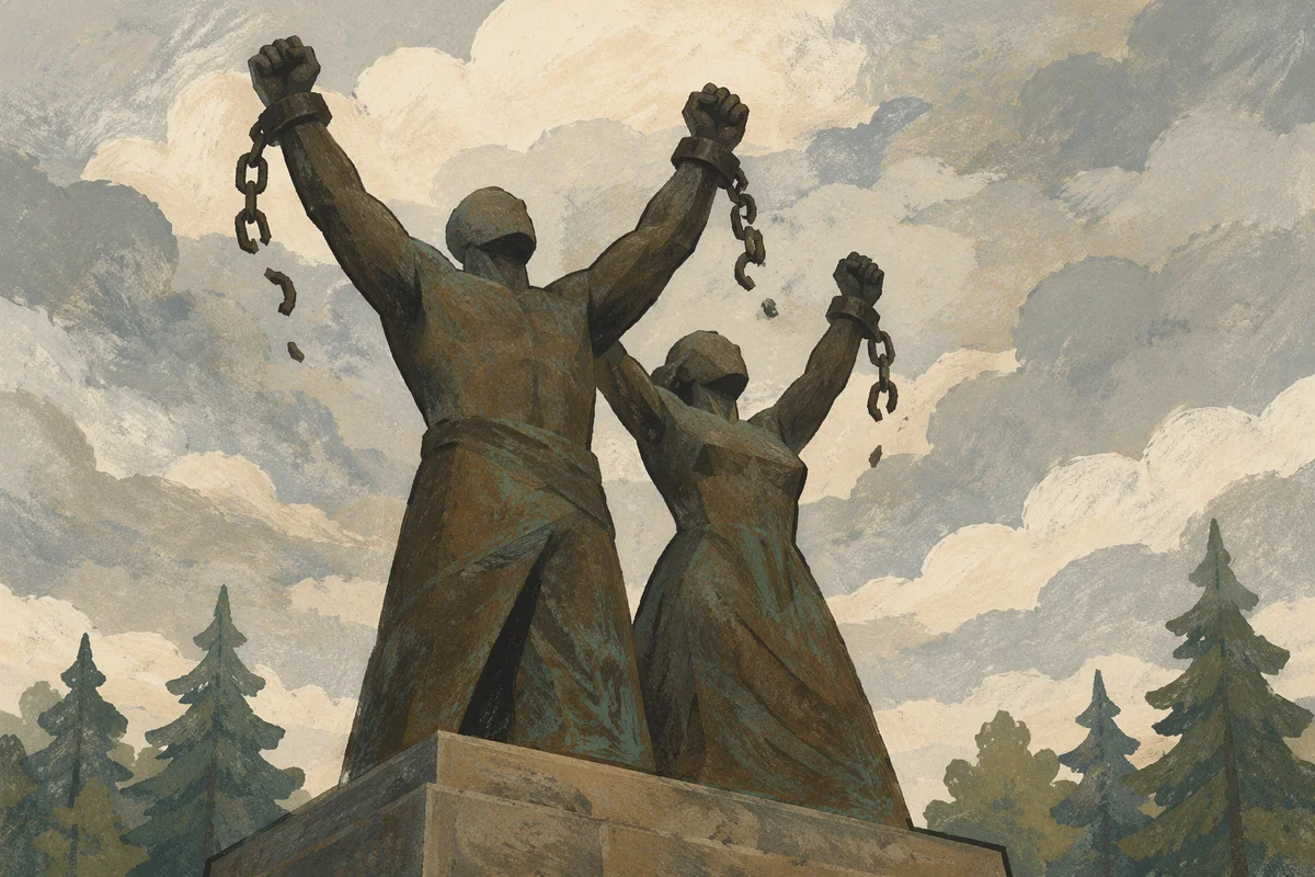 Broken Chains Freedom Monument Under Stormy Sky