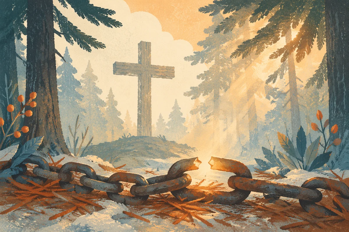 Broken Chains Before Cross in Evergreen Dawn