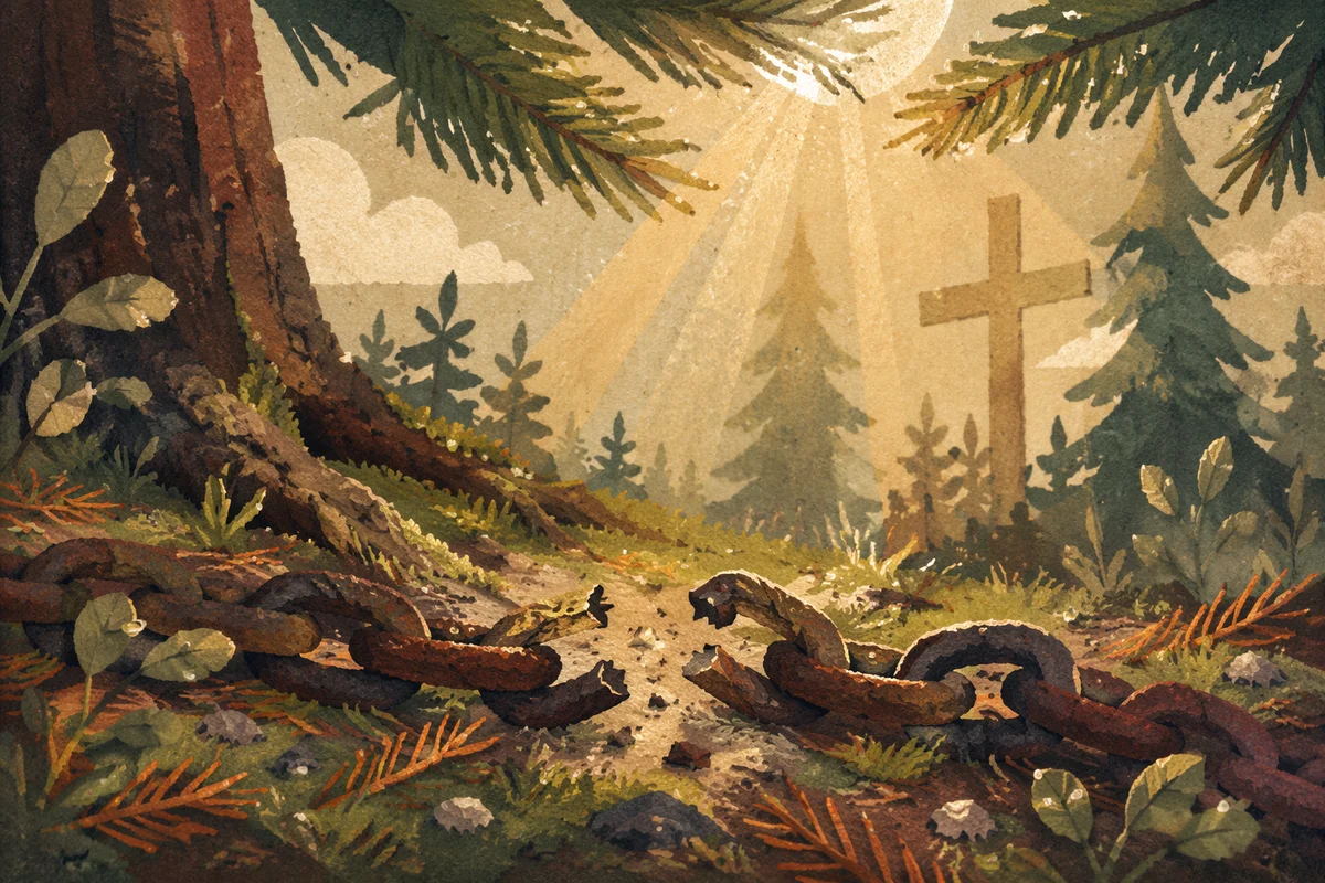 Broken Chains Beneath Evergreen Cross