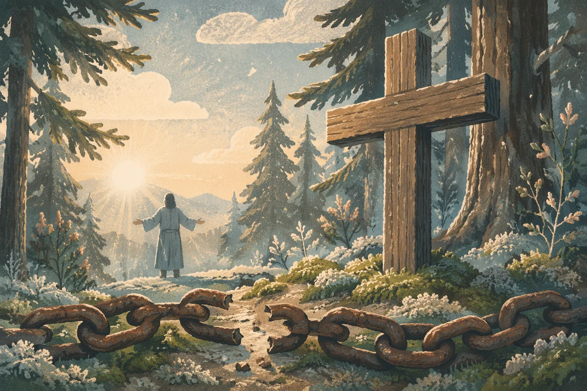 Broken Chains Beneath Evergreen Cross