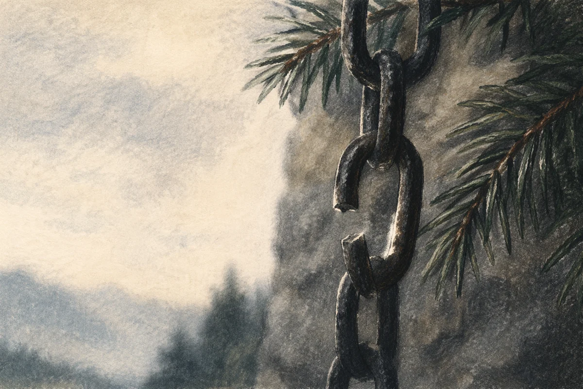 Broken Iron Chain Beside Evergreen Bough